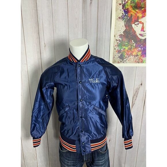 Vintage Butwin Satin Blue Jacket Mens XS Bomber Coat Snap 80s USA - Picture 2 of 16